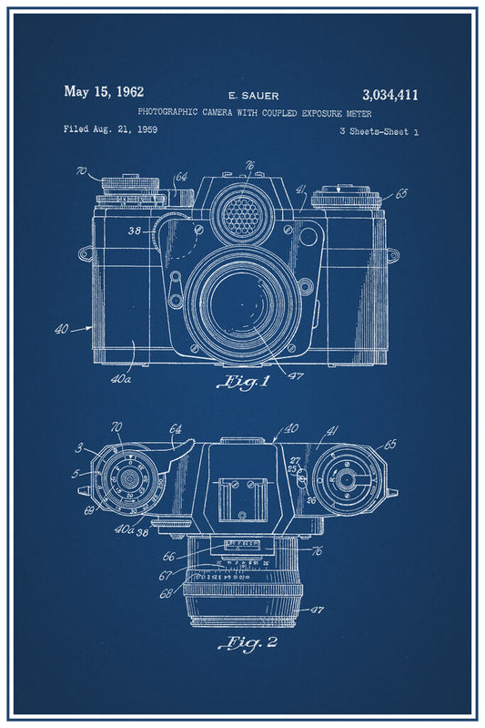 Vintage Camera Patent Blueprint | 1962 Sauer Camera Design | Retro Photography Poster - Vintage & Retro Poster