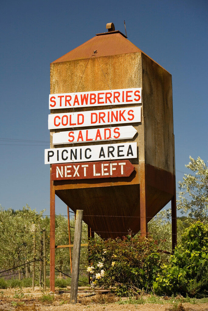 "Signs Advertising on Rusty Silo" | Rural California Photo | Americana Photography Poster - Type & Quotes Poster