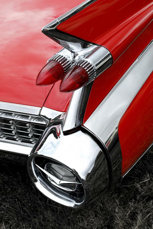 1959 Vintage Red Car Tail Fin Poster | Classic Automobile Photography | Retro Decor