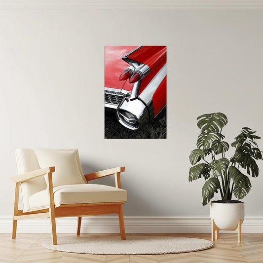 1959 Vintage Red Car Tail Fin Poster | Classic Automobile Photography | Retro Decor