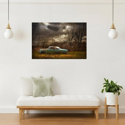Rusted Car in Urban Field Poster | Moody Photography | Abandoned Vehicle Art