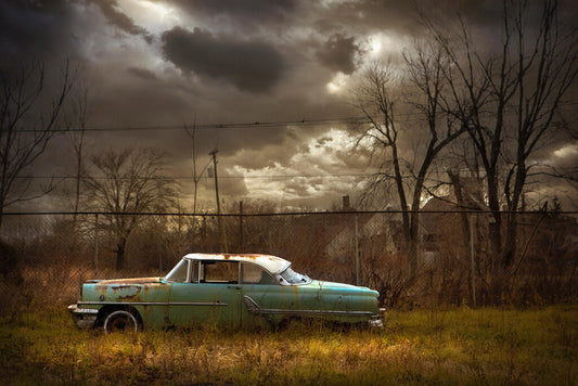 Rusted Car in Urban Field Poster | Moody Photography | Abandoned Vehicle Art