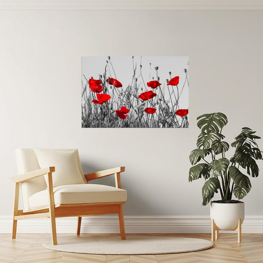 Red Poppies Meadow Poster | Black and White Photography | Floral Wall Art with Color Pop