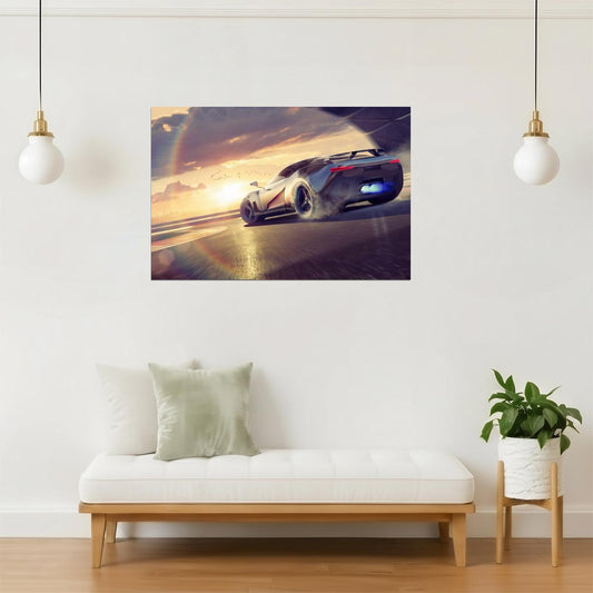 Sports Car Drifting at Sunset Poster | Motorsports Photography | Racetrack Wall Art