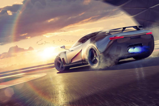Sports Car Drifting at Sunset Poster | Motorsports Photography | Racetrack Wall Art