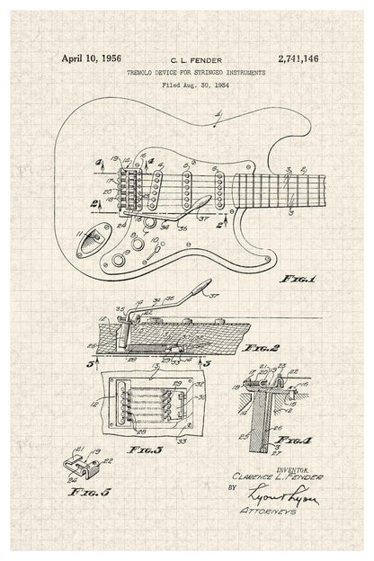 Fender Stratocaster Electric Guitar Patent | 1956 Music Diagram | Musician Wall Art Poster - Vintage & Retro Poster