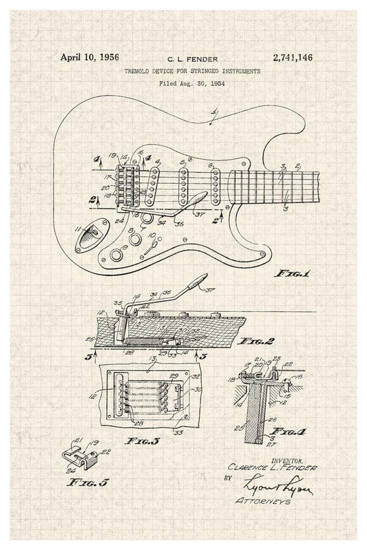 Fender Stratocaster Electric Guitar Patent | 1956 Music Diagram | Musician Wall Art Poster - Vintage & Retro Poster