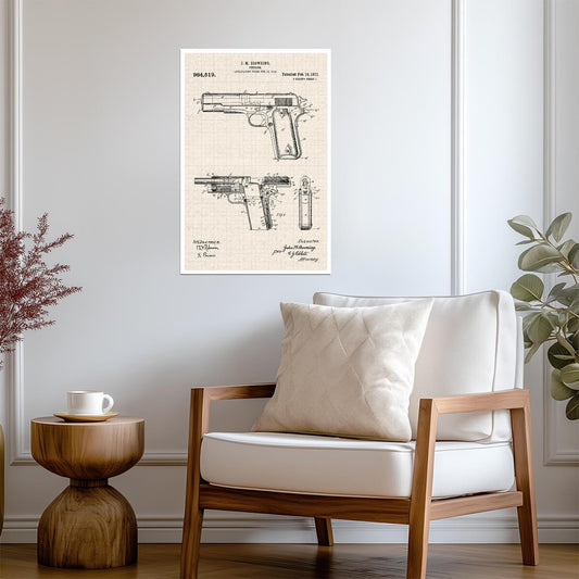 Browning M1911 Handgun Patent | Vintage Firearm Diagram | Military History Poster - Vintage & Retro Poster