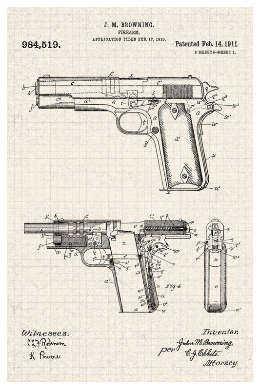 Browning M1911 Handgun Patent | Vintage Firearm Diagram | Military History Poster - Vintage & Retro Poster