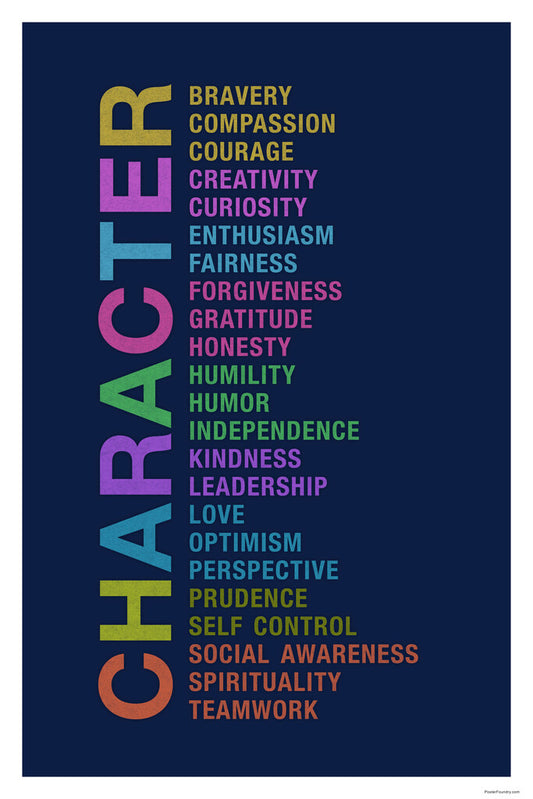 Character | Bravery, Compassion, Courage, Creativity Poster (Dark Blue)