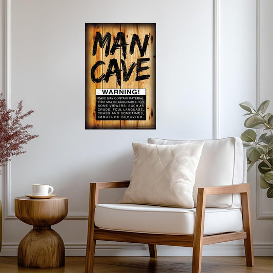 "Man Cave Warning" | Funny Rules Sign | Humorous Wall Art Poster - Type & Quotes Poster