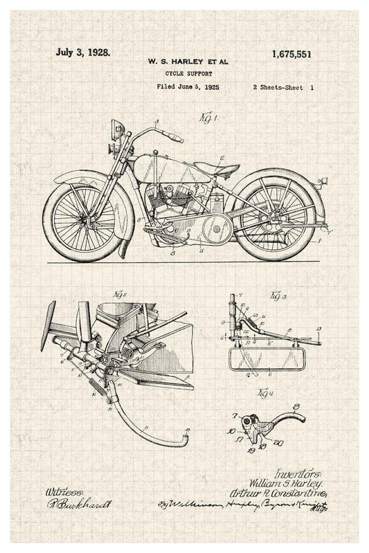 Vintage Motorcycle Patent Diagram | 1928 Harley Davidson Design | Biker Garage Art Poster - Vintage & Retro Poster