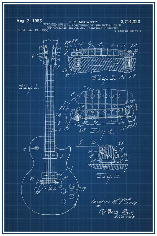 Gibson Les Paul Electric Guitar Patent | 1955 Blueprint Poster | Music Wall Art - Vintage & Retro Poster