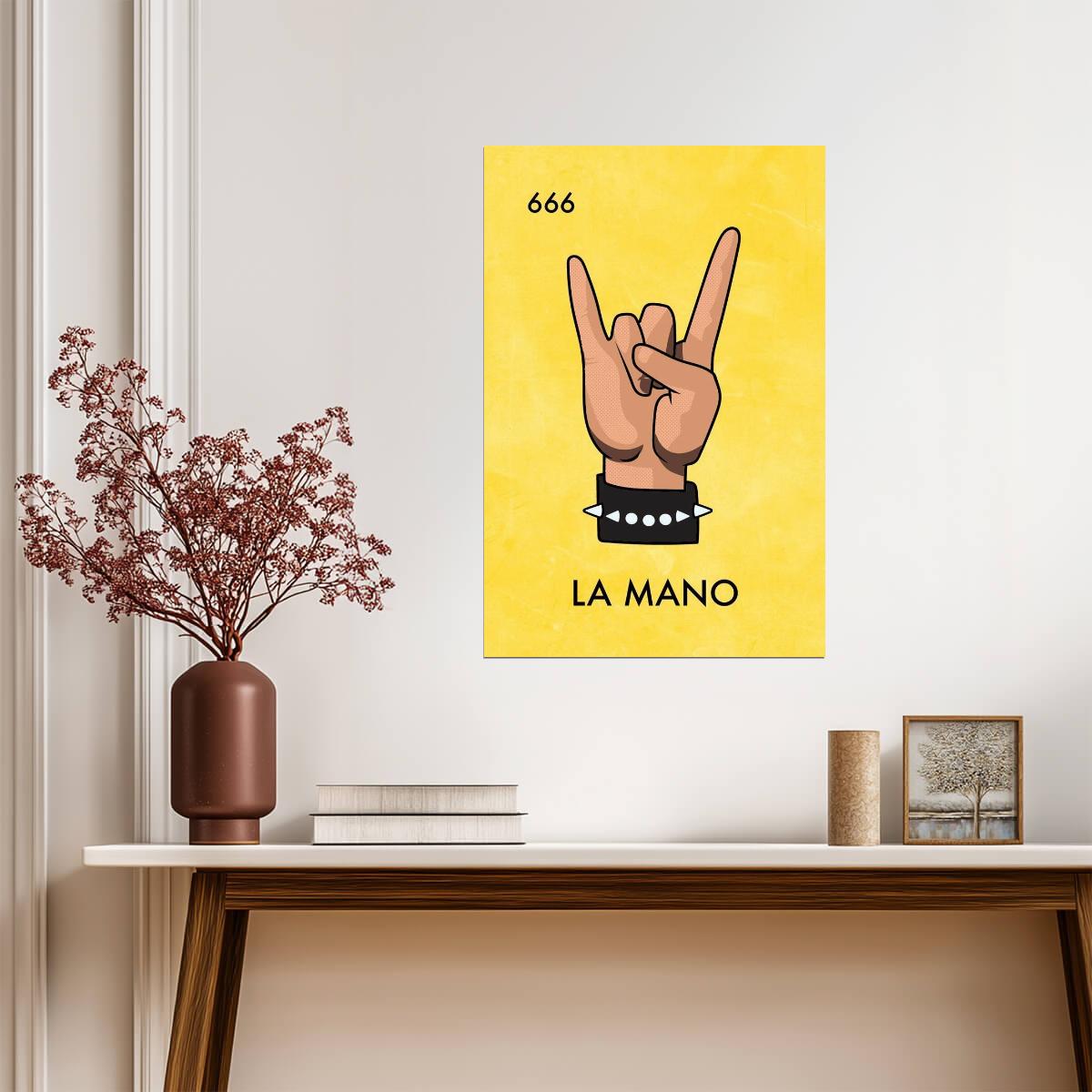 La Mano Loteria Card Heavy Metal Parody | Funny Rock and Roll Poster | Mexican Bingo Devil Horns Art - Music Poster
