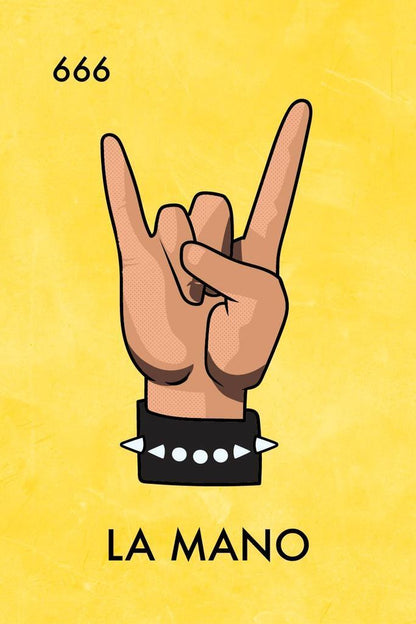 La Mano Loteria Card Heavy Metal Parody | Funny Rock and Roll Poster | Mexican Bingo Devil Horns Art - Music Poster