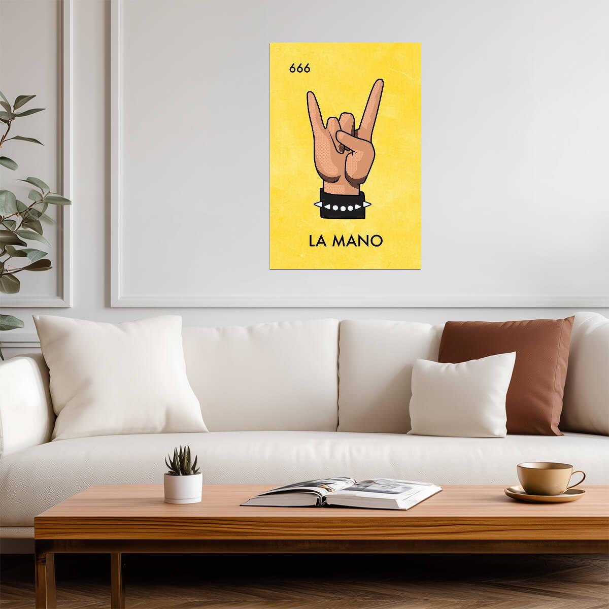 La Mano Loteria Card Heavy Metal Parody | Funny Rock and Roll Poster | Mexican Bingo Devil Horns Art - Music Poster