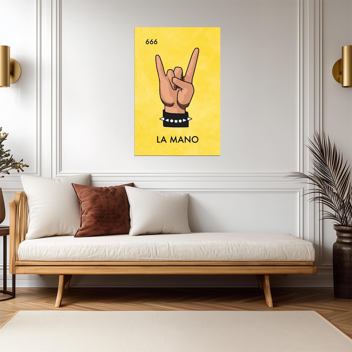 La Mano Loteria Card Heavy Metal Parody | Funny Rock and Roll Poster | Mexican Bingo Devil Horns Art - Music Poster