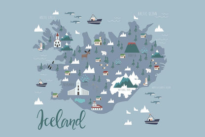 Iceland Map | Illustrated Minimalist Map with Landmarks Poster