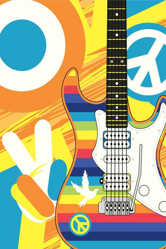 Rainbow Striped Hippie Guitar | Psychedelic Music Poster | 60s & 70s Retro Art - Graphic & Art Poster