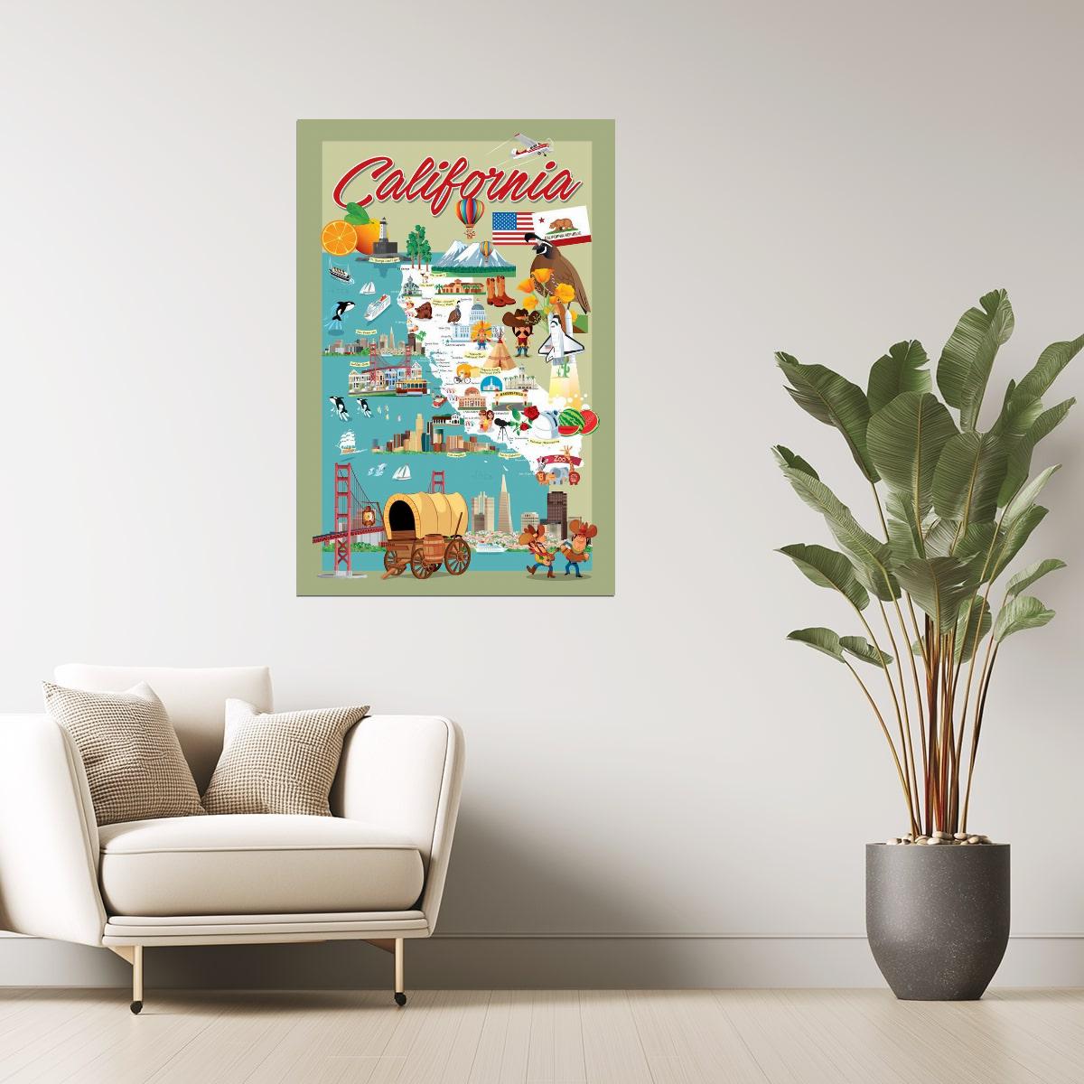 California Map | Retro Illustrated Cartoon Map Poster
