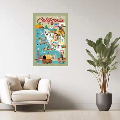 California Map | Retro Illustrated Cartoon Map Poster