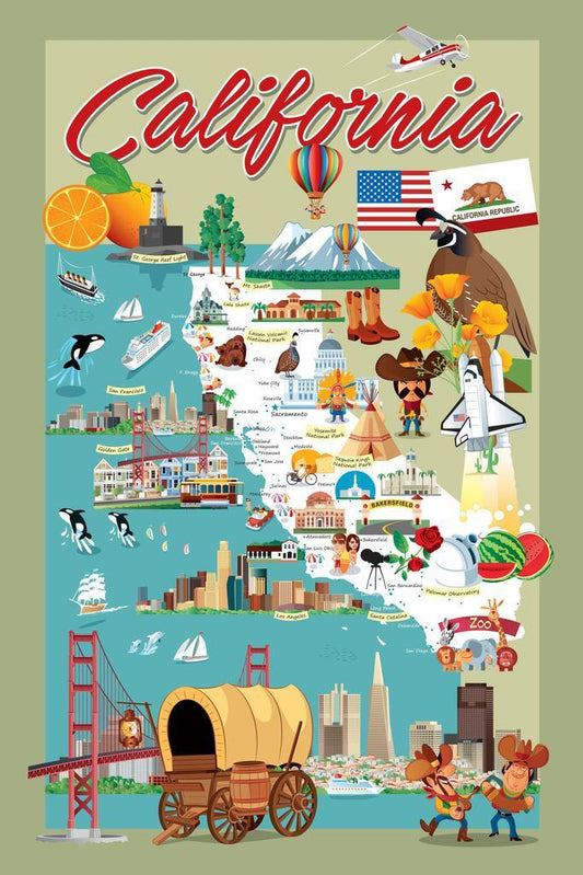 California Map | Retro Illustrated Cartoon Map Poster