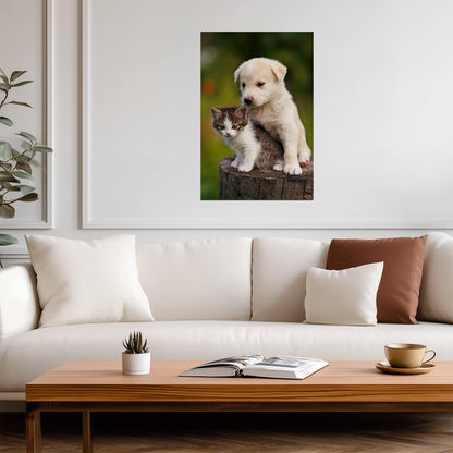 Cute Puppy and Kitten Embracing | Funny Animal Photography | Heartwarming Pet Poster - Photography Poster