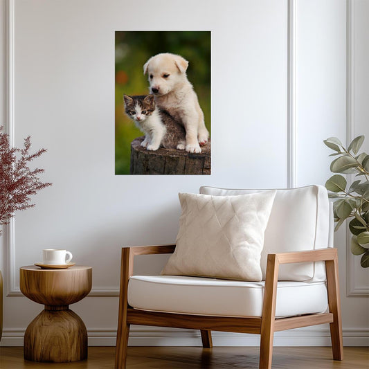 Cute Puppy and Kitten Embracing | Funny Animal Photography | Heartwarming Pet Poster - Photography Poster