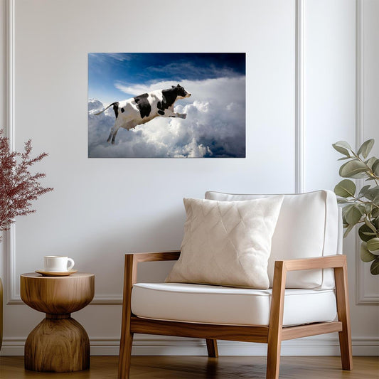 Flying Holstein Cow in the Clouds | Surreal Photography Art | Funny Animal Poster - Graphic & Art Poster