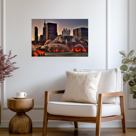 Buckingham Fountain at Sunset in Chicago | Illinois Landmark Photography | Cityscape Poster - Photography Poster