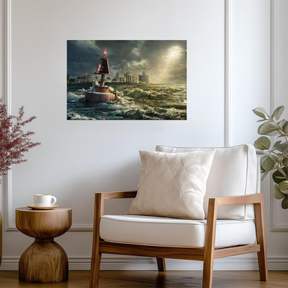 Detroit Michigan Skyline | Buoy in Rocky Waves | Cityscape Photography Poster - Photography Poster