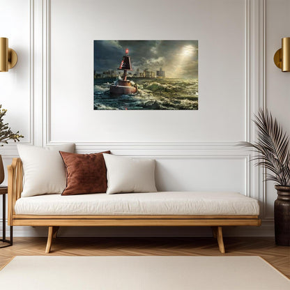 Detroit Michigan Skyline | Buoy in Rocky Waves | Cityscape Photography Poster - Photography Poster