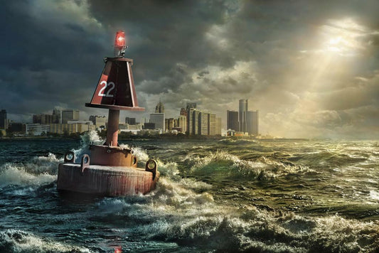 Detroit Michigan Skyline | Buoy in Rocky Waves | Cityscape Photography Poster - Photography Poster