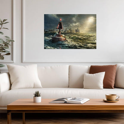 Detroit Michigan Skyline | Buoy in Rocky Waves | Cityscape Photography Poster - Photography Poster