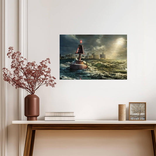 Detroit Michigan Skyline | Buoy in Rocky Waves | Cityscape Photography Poster - Photography Poster