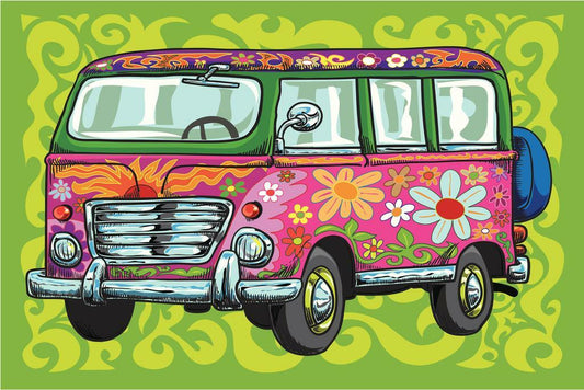 "Flower Power" VW Van | Hippie Bus Illustration | 60s & 70s Retro Art Poster - Graphic & Art Poster