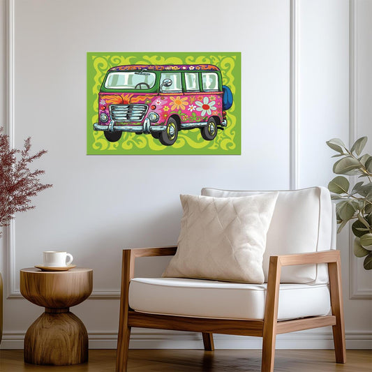 "Flower Power" VW Van | Hippie Bus Illustration | 60s & 70s Retro Art Poster - Graphic & Art Poster