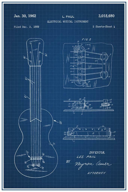 Les Paul Electric Guitar Patent Print | 1952 Pickup Blueprint | Musician Gift Poster - Vintage & Retro Poster