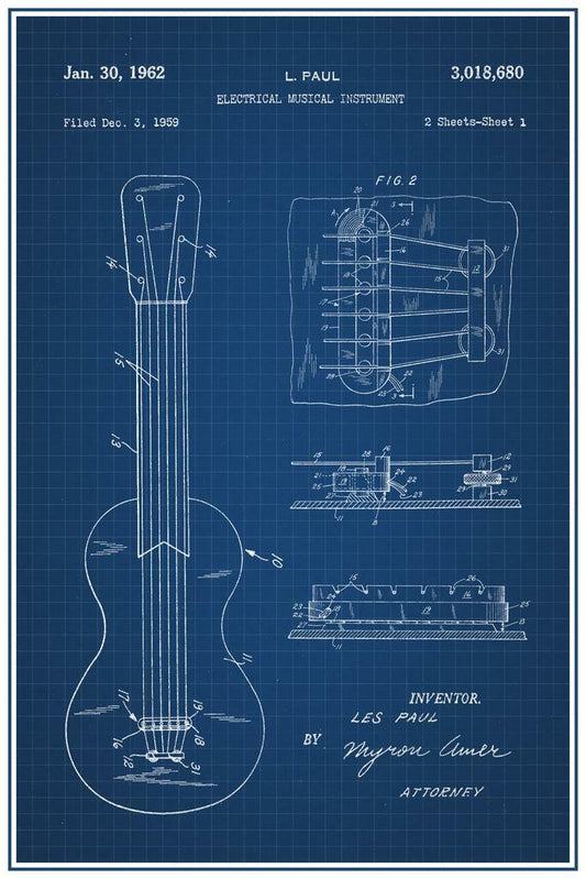 Les Paul Electric Guitar Patent Print | 1952 Pickup Blueprint | Musician Gift Poster - Vintage & Retro Poster