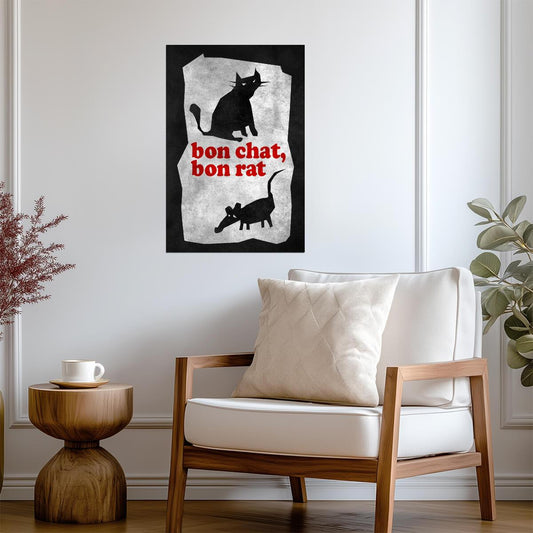 "Bon Chat, Bon Rat" | French Proverb Poster | Minimalist Illustration - Type & Quotes Poster