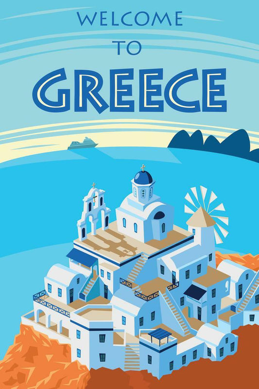 "Welcome To Greece" | Retro Travel Poster | Vintage Greek Islands Art - Vintage & Retro Poster