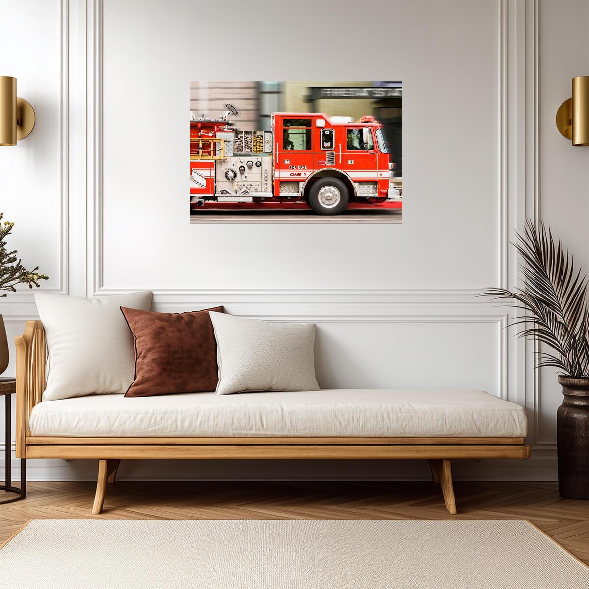 Fire Truck in Motion Photo | Emergency Vehicle | Firefighter Themed Poster - Cars Poster