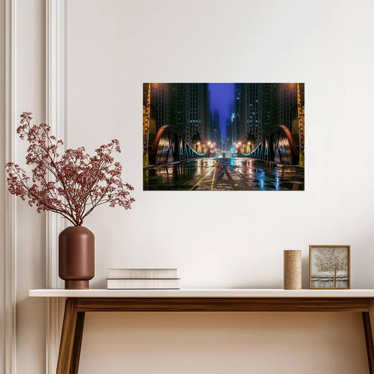 Clark Street Bridge at Night in Chicago | Illinois Photography | Urban Cityscape Poster - Photography Poster