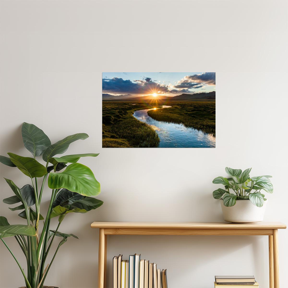 Mountain River Sunset Poster | Fishing Landscape Photography | Nature Wall Art
