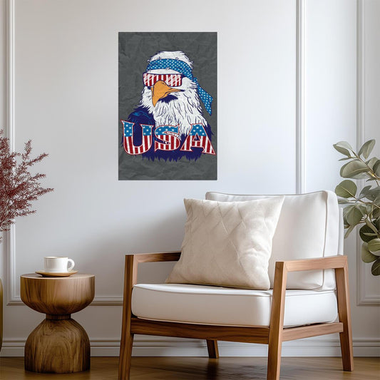 Patriotic Bald Eagle with USA Flag | Funny American Poster | Humorous Animal Art - Type & Quotes Poster