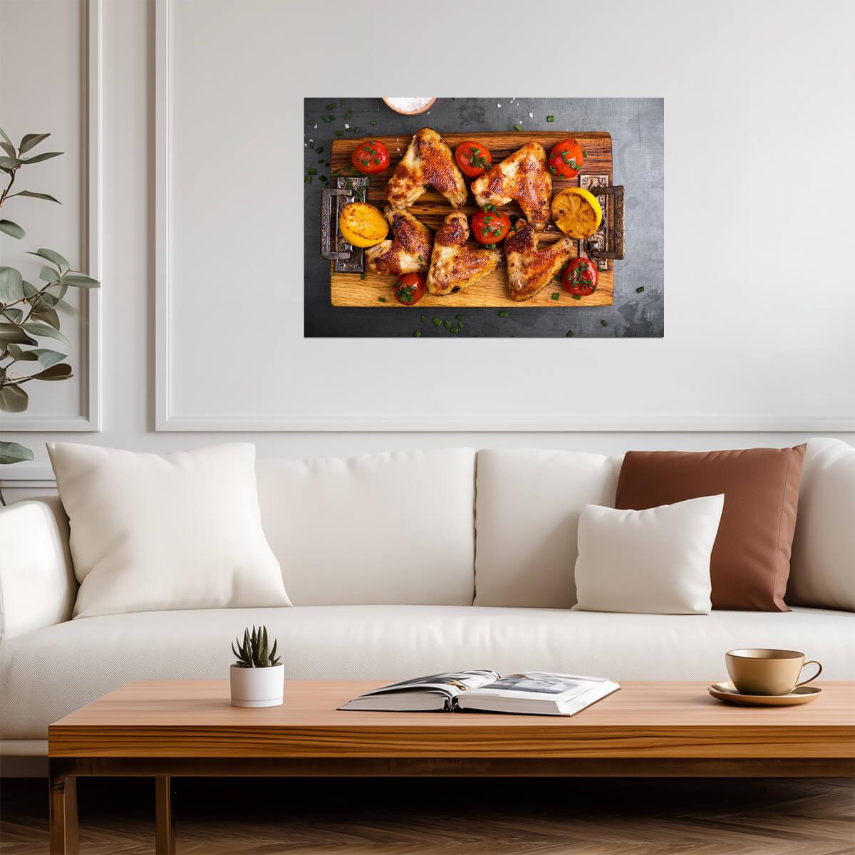 Roast Chicken Wings on a Cutting Board | Food Photography Print | Kitchen Wall Art Poster - Photography Poster