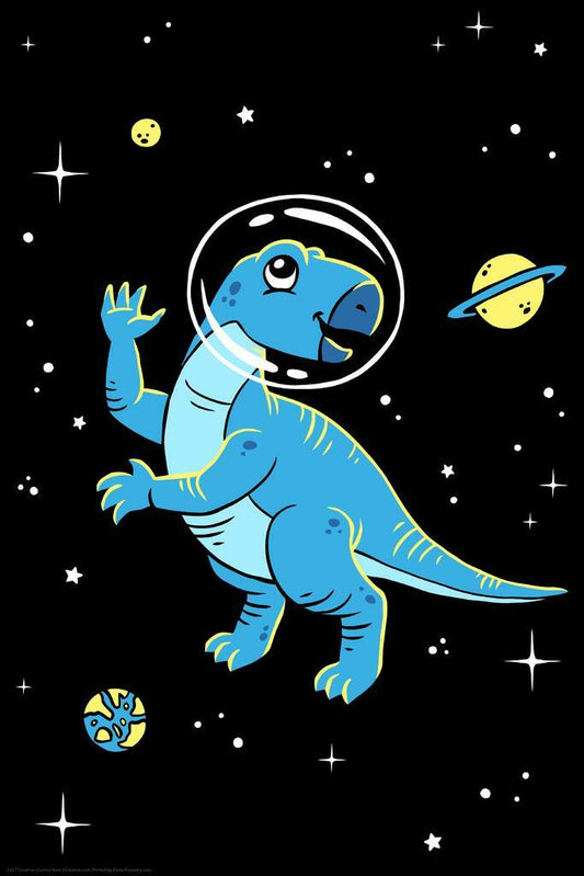 "Dinos in Space" | Blue Dinosaur Illustration | Kids Room & Nursery Art Poster - For Kids Poster