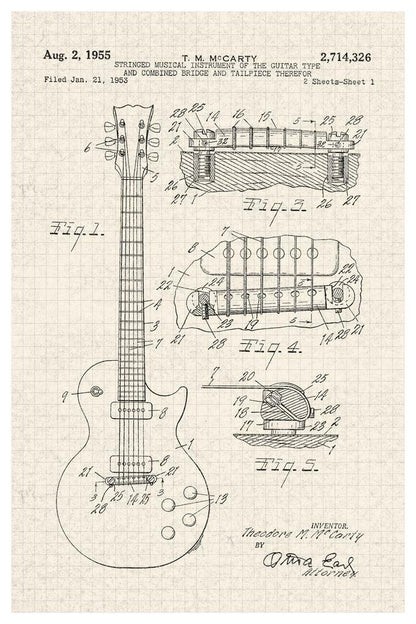 Gibson Les Paul Electric Guitar Patent | 1955 Diagram Poster | Vintage Music Art - Vintage & Retro Poster