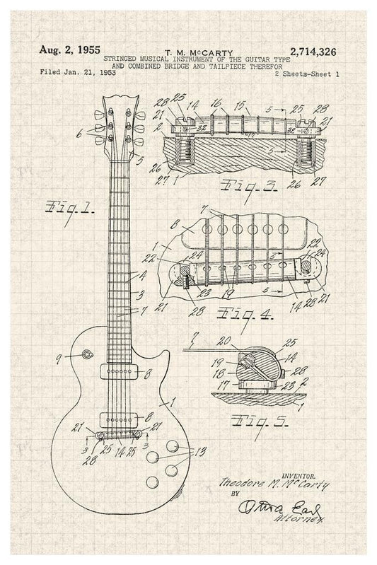 Gibson Les Paul Electric Guitar Patent | 1955 Diagram Poster | Vintage Music Art - Vintage & Retro Poster