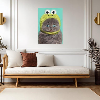 Funny Gray Kitten in a Green Frog Hat | Cute Animal Photography | Humorous Pet Poster - Photography Poster